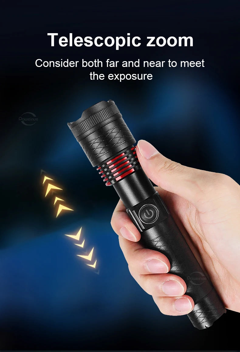 100000LM LED Handheld Flashlight Ultra-Bright Torch 2000mAh Rechargeable Battery Powerful Flash Light Zoomable Tactical Lantern