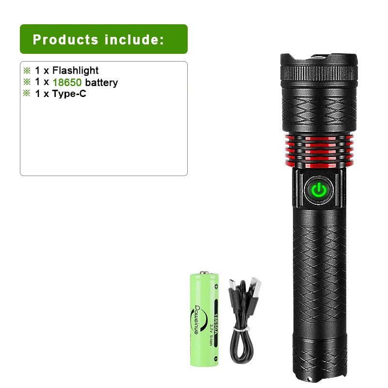 100000LM LED Handheld Flashlight Ultra-Bright Torch 2000mAh Rechargeable Battery Powerful Flash Light Zoomable Tactical Lantern