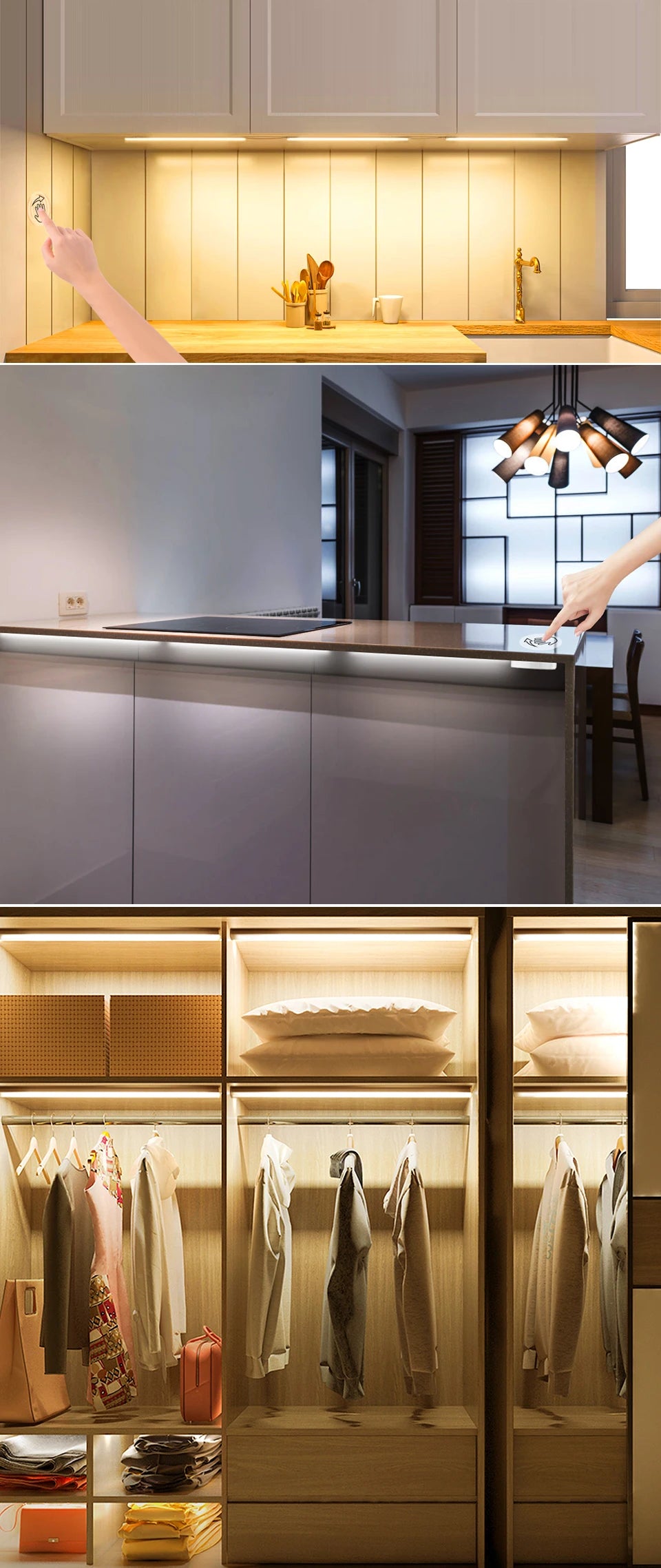 1-6Pcs Kitchen LED Under Cabinet Light Penetrable Wood Hand Scan Motion Sensor Touch Switch Dimmable Bathroom Bar Night Lamp