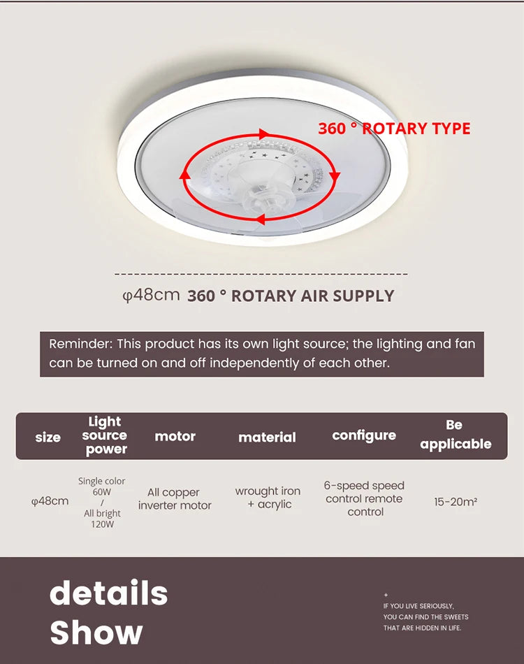 120W LED Ceiling Light Ceiling Fan  Modern Simple Home Bedroom Remote Control Dimmable Fan Light