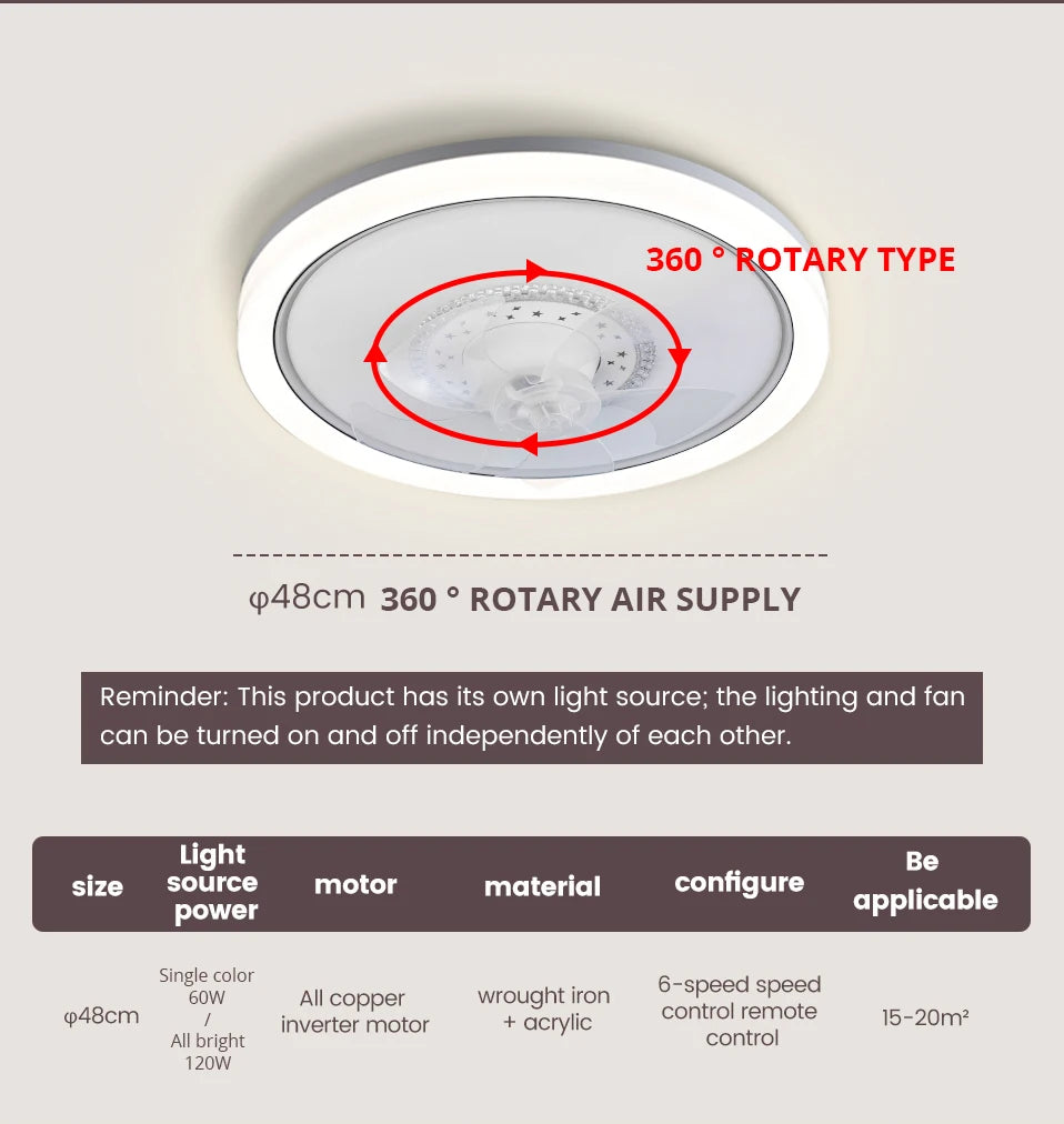 120W LED Ceiling Light Ceiling Fan  Modern Simple Home Bedroom Remote Control Dimmable Fan Light