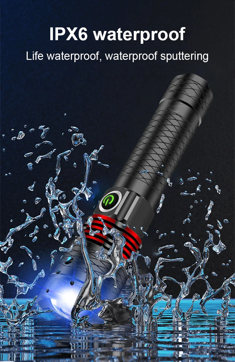 100000LM LED Handheld Flashlight Ultra-Bright Torch 2000mAh Rechargeable Battery Powerful Flash Light Zoomable Tactical Lantern