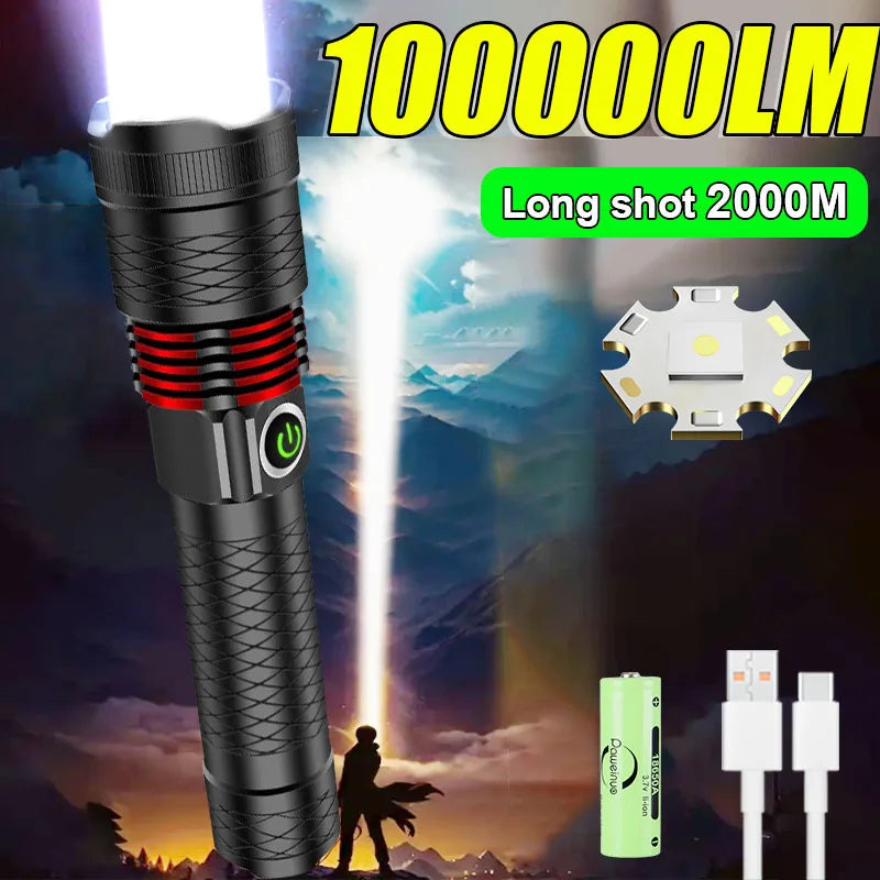 100000LM LED Handheld Flashlight Ultra-Bright Torch 2000mAh Rechargeable Battery Powerful Flash Light Zoomable Tactical Lantern