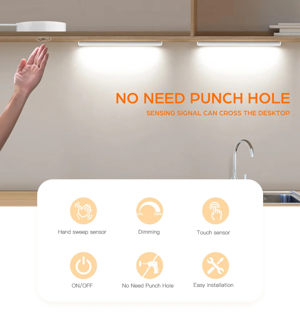 1-6Pcs Kitchen LED Under Cabinet Light Penetrable Wood Hand Scan Motion Sensor Touch Switch Dimmable Bathroom Bar Night Lamp