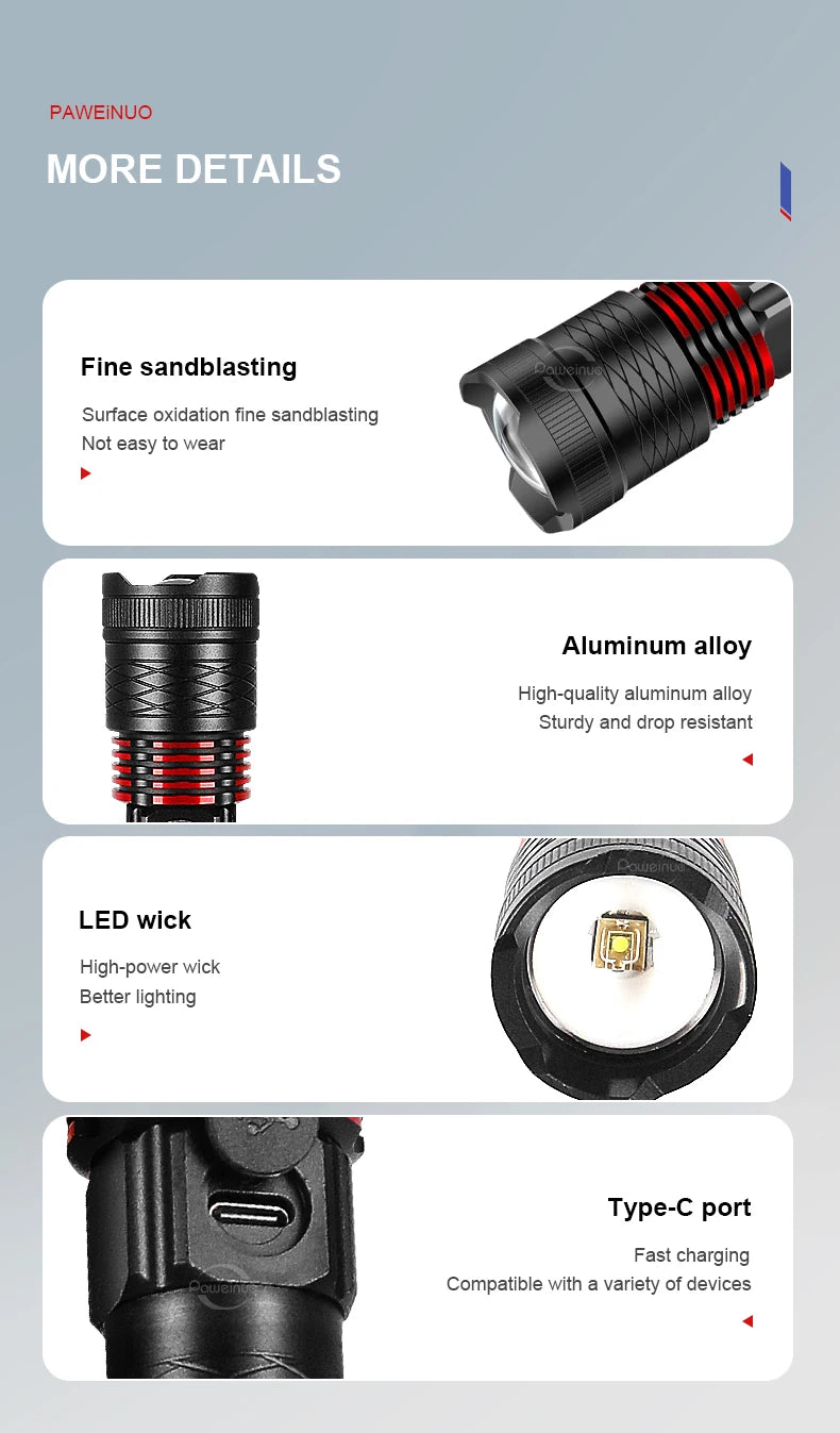 100000LM LED Handheld Flashlight Ultra-Bright Torch 2000mAh Rechargeable Battery Powerful Flash Light Zoomable Tactical Lantern