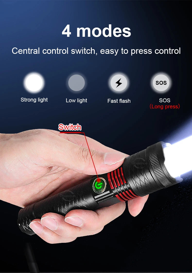 100000LM LED Handheld Flashlight Ultra-Bright Torch 2000mAh Rechargeable Battery Powerful Flash Light Zoomable Tactical Lantern