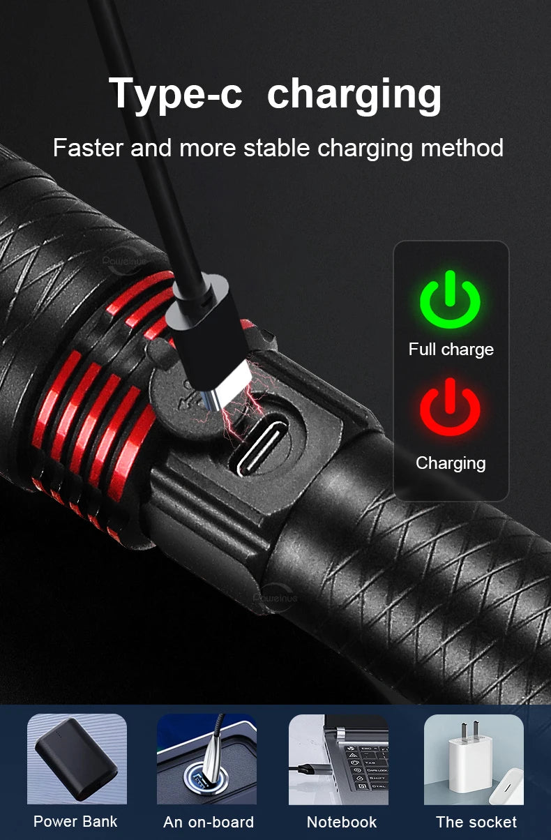 100000LM LED Handheld Flashlight Ultra-Bright Torch 2000mAh Rechargeable Battery Powerful Flash Light Zoomable Tactical Lantern